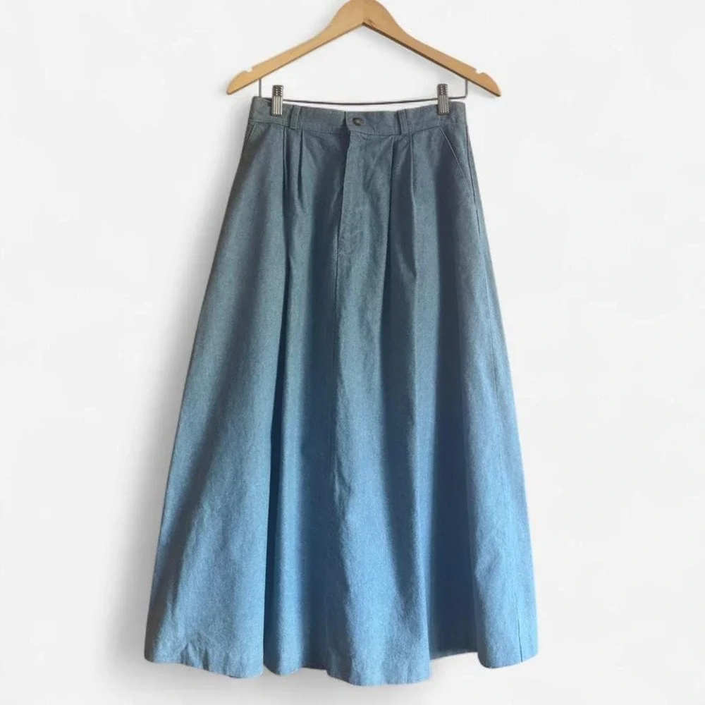 Orvis 90s Denim Skirt Maxi Pleated Light Wash Jean Women's M Vintage 10 Cotton - Picture 1 of 8
